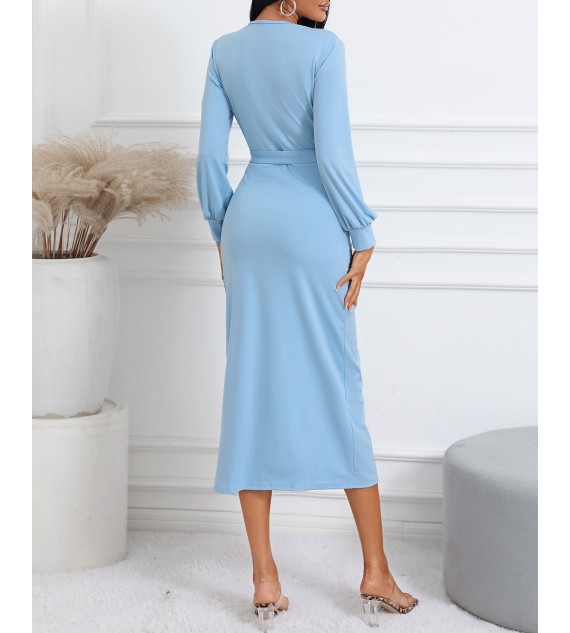 Lantern Sleeve Pocket Decor High Slit Maxi Dress