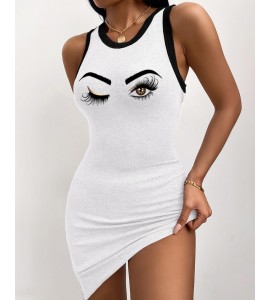 Eye Print Round Neck Ribbed Tank Dress