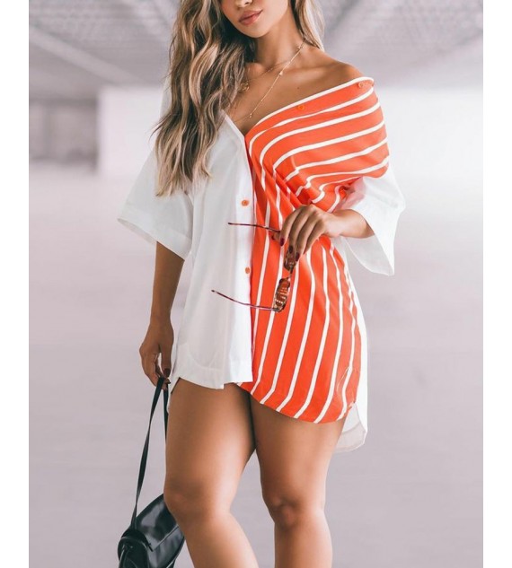 Striped Color Button Front Shirt Dress