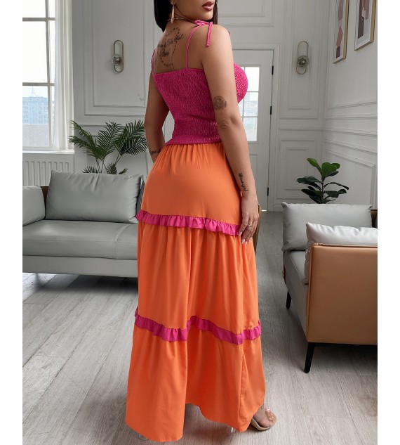 Shirred Frill Hem Buttoned Slit Color Maxi Dress