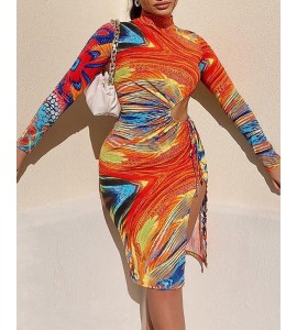 Abstract Print Cut-Out Split Thigh Long Sleeve Midi Dress