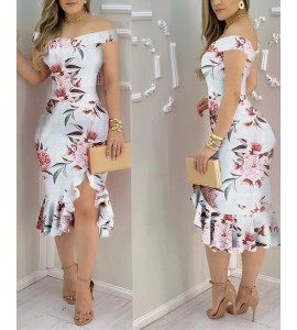 Off Shoulder Slit Ruffles Floral Print Dress