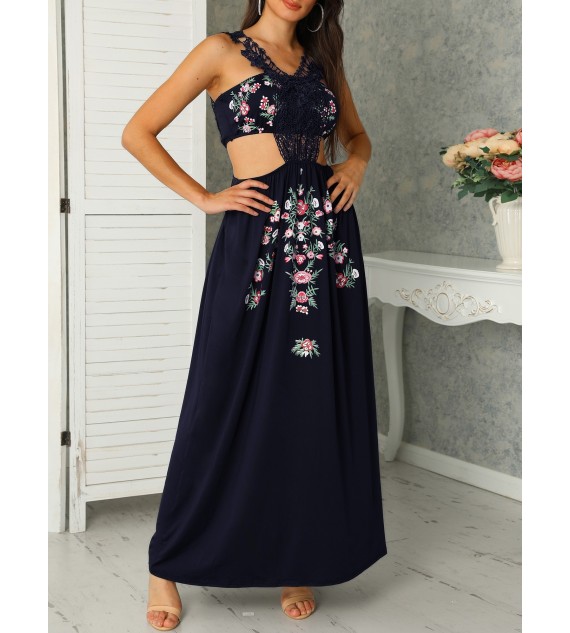 Lace Cut Out Floral Print Pleated Maxi Women Dress