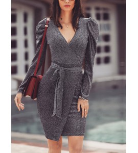 Glittering Tied Waist Wrap Bodycon Women Dress