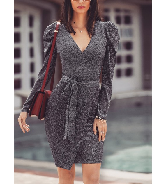 Glittering Tied Waist Wrap Bodycon Women Dress