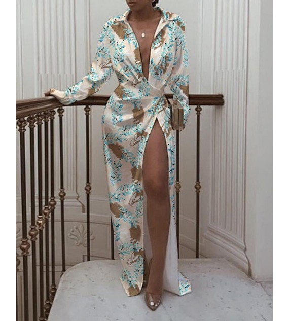 High Slit Leaf Print Ruched Maxi Dress