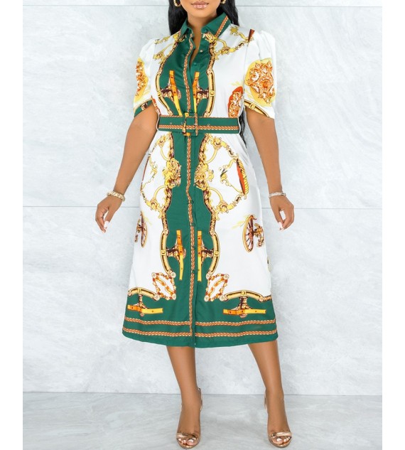 Scarf Print Button Front Shirt Dress With Belt
