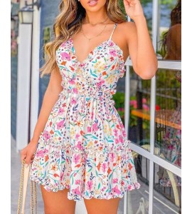 Spaghetti Strap Floral Print Frill Hem Dress