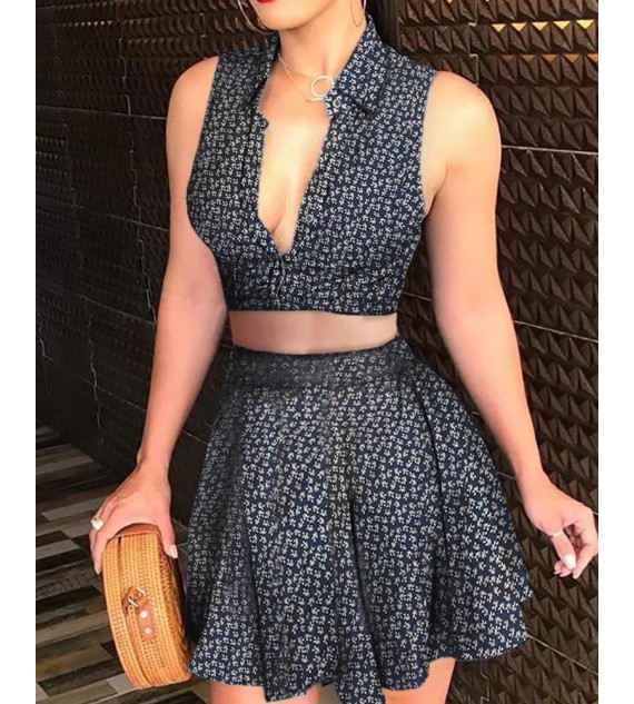 Floral Print Deep-V Top & Skirt Set