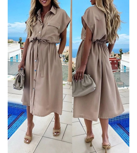 Button Pocket Design Slit Shirt Dress