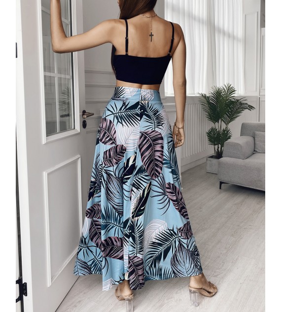 Sleeveless Spaghetti Strap Cami Crop Top & Tropical Print Maxi Skirt Sets Casual Beach Wear Two Piece Suits