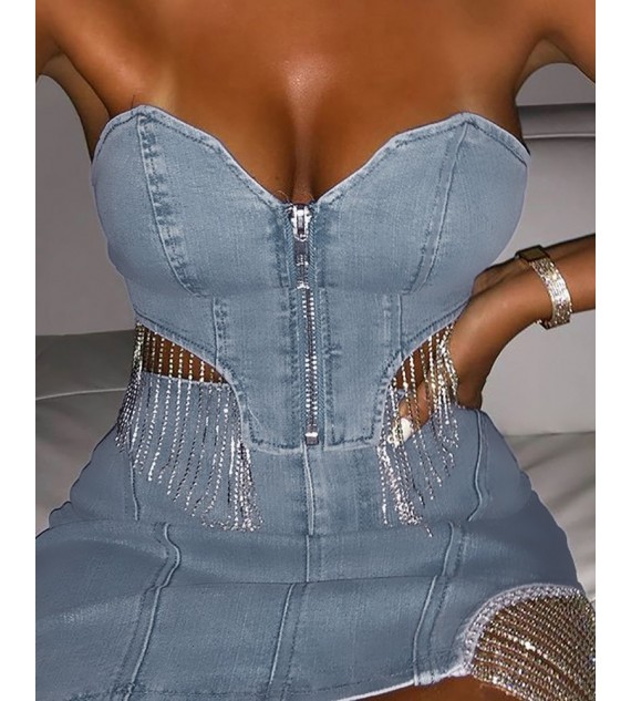 Studded Tassel Bandeau Denim Top & Skirt Set