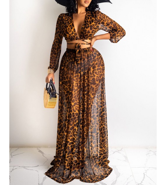 Leopard Print Tied Detail Top & Ruched Skirt Set