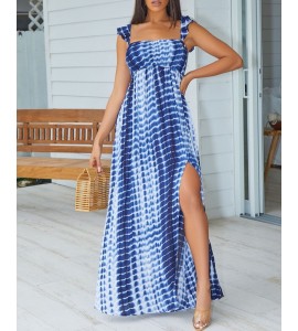 Tie Dye Print High Slit Ruffles Maxi Dress
