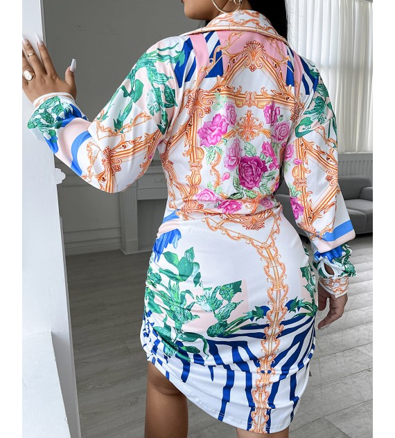 Ruched Scarf Floral Print Button Design Shirt Dress