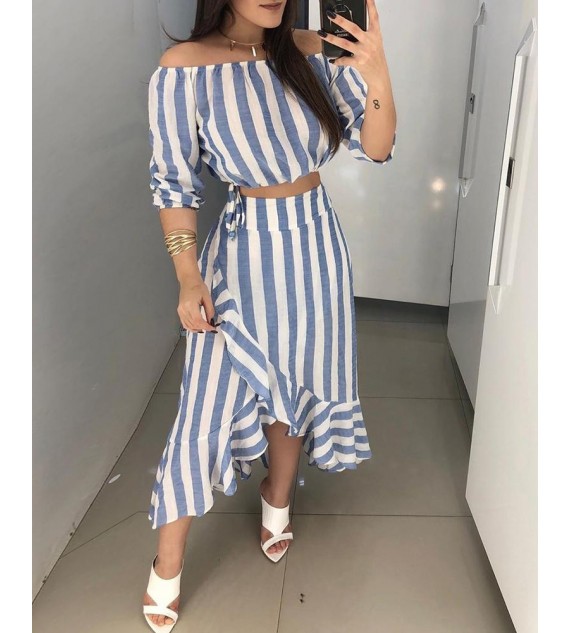 Striped Off Shoulder Top & Ruffles Skirt Sets