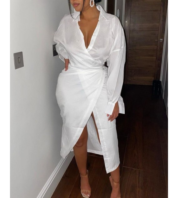 Solid Drop Shoulder Wrap Tie Slit Shirt Dress