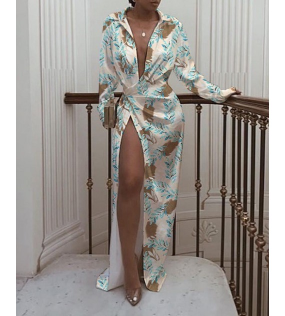 High Slit Leaf Print Ruched Maxi Dress