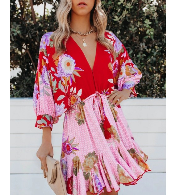 Floral Print Ruffles Hem Lantern Sleeve Casual Dress