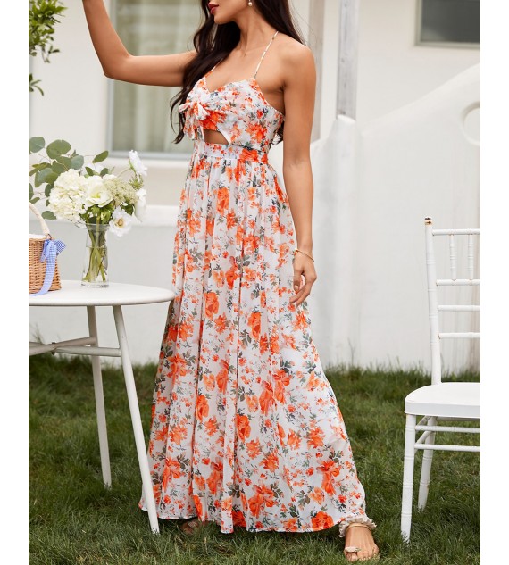 Floral Print Halter Lace Up Cutout Maxi Dress