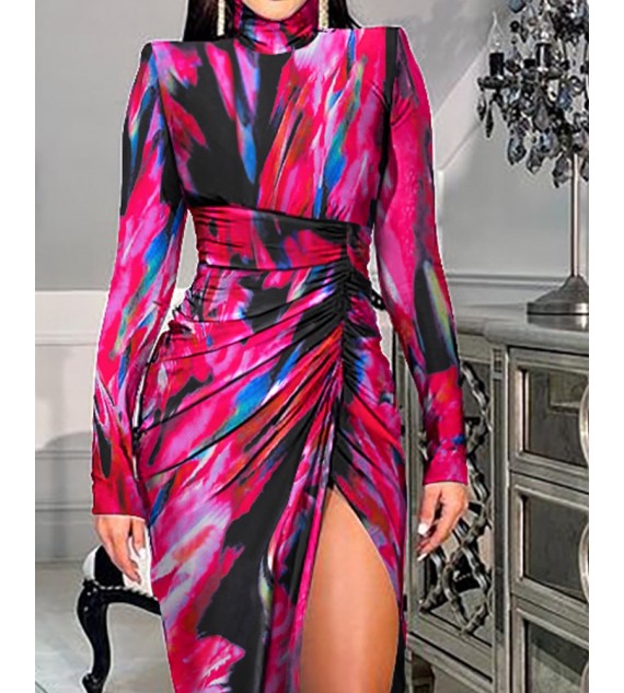 Abstract Print Padded Shoulder High Slit Ruched Party Dress