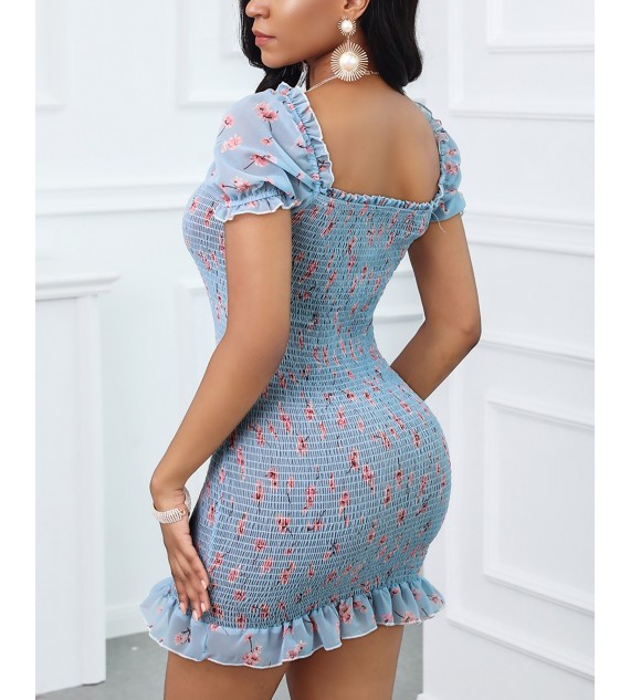 Floral Print Ruffle Trim Mini Women Dress