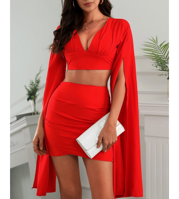 Plain Cape Sleeve Plunge Crop Top & Ruched Skirt Set