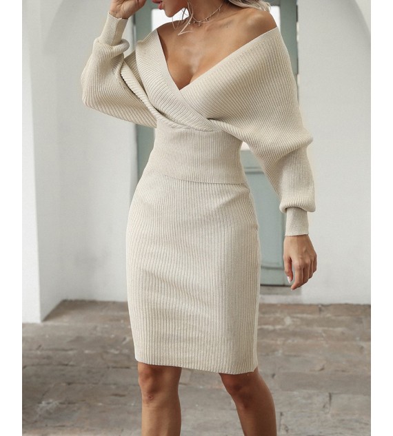V Neck Backless Batwing Sleeve Knit Top & Skirt Set