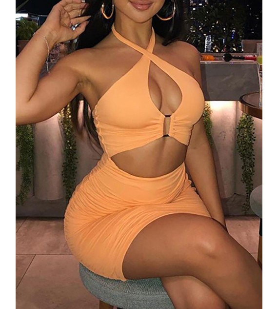 Halter Cutout Front Ruched Bodycon Dress