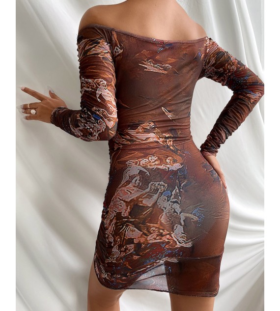Floral Print See Through Drawstring Ruched Bodycon Dress
