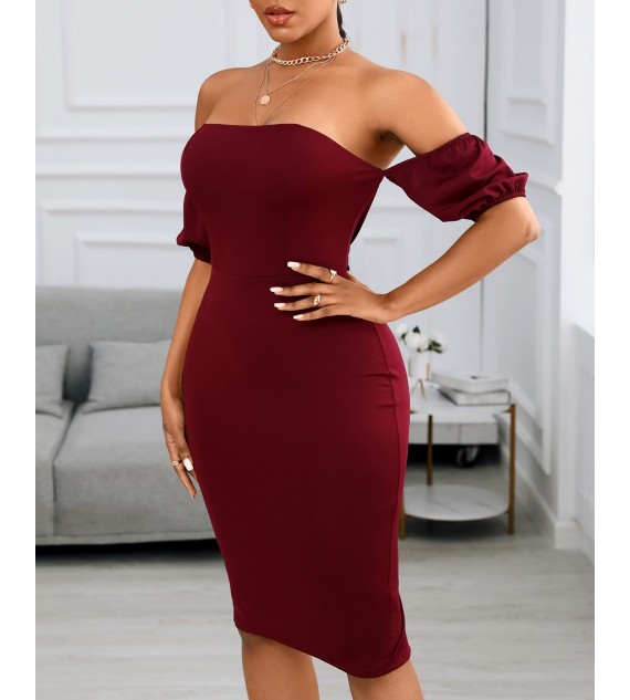 Off Shoulder Plain Zipper Design Back Slit Women Dress