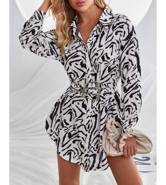 Zebra Stripe Print Long Sleeve Shirt Dress