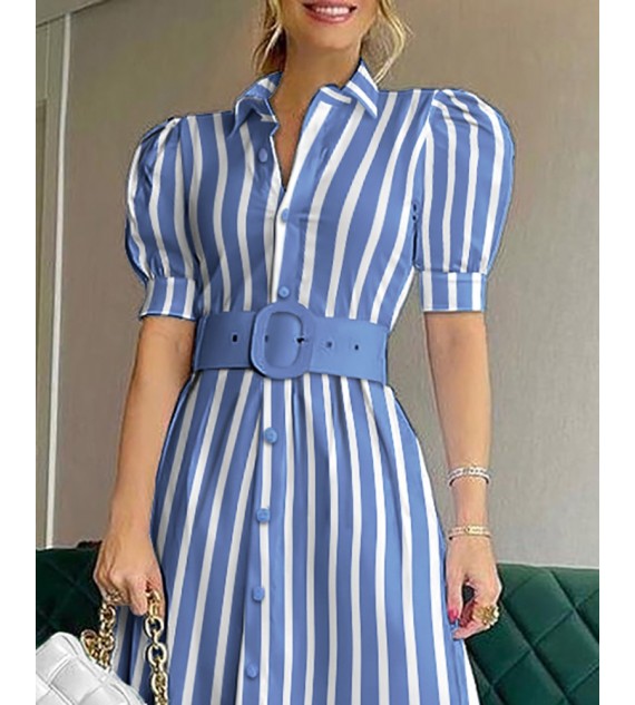 Striped Button Front Puff Sleeve Shirt Dress