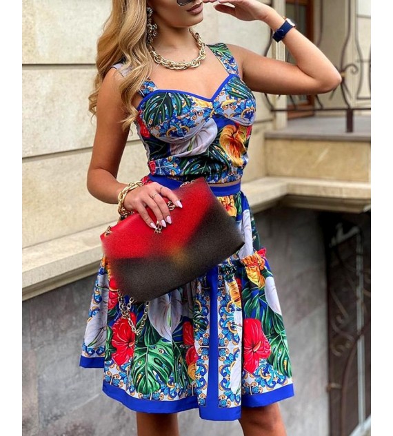 Tropical Print Tank Top & Midi Skirt Set