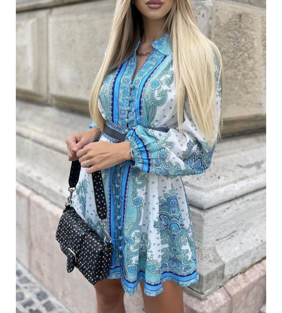 All Over Print Lantern Sleeve Shirt Dress
