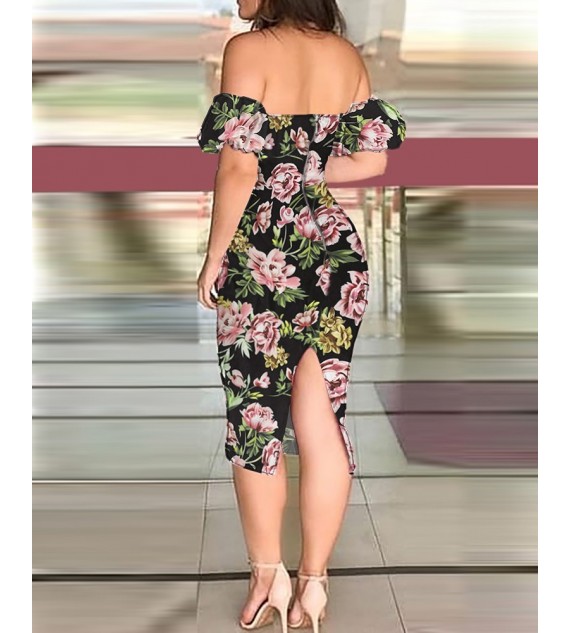 Off Shoulder Floral Print Short Sleeve Dress