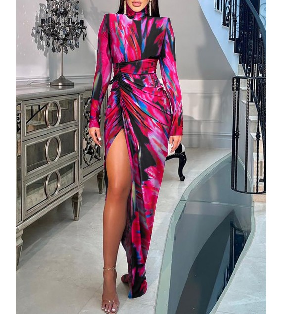 Abstract Print Padded Shoulder High Slit Ruched Party Dress