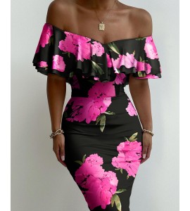 Floral Print Off Shoulder Ruffles ny Dress Slim Bodycon Dress Midi Dress