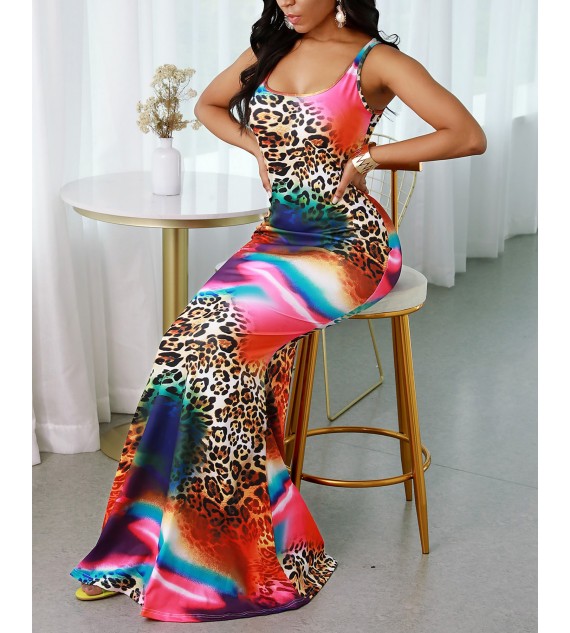 Cheetah Tie Dye Print Mermaid Sleeveless Maxi Women Dress