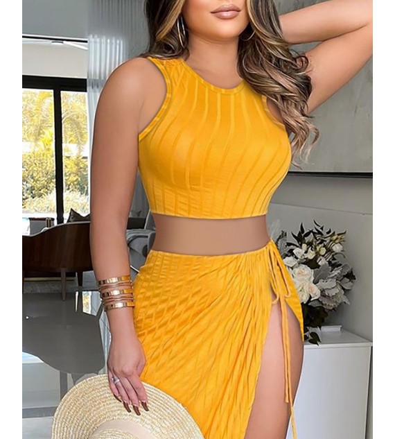 Ribbed Plain Top & High Slit Skirt Set