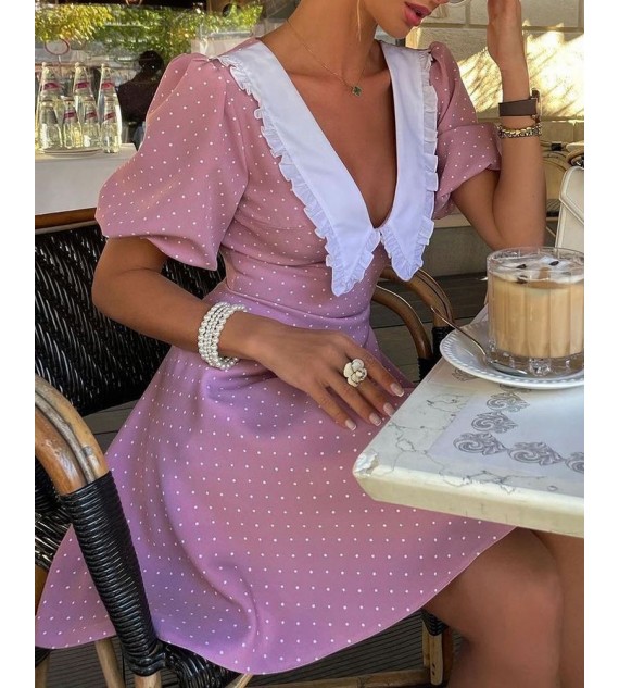 Polka Dot Print Frill Hem Puff Sleeve Dress