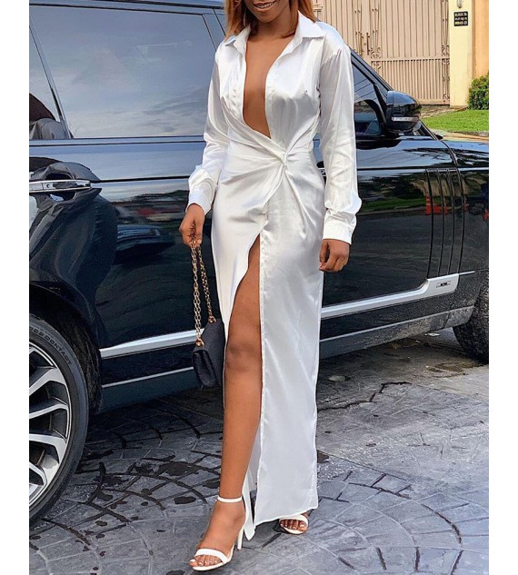Solid Twisted Design High Slit Maxi Dress