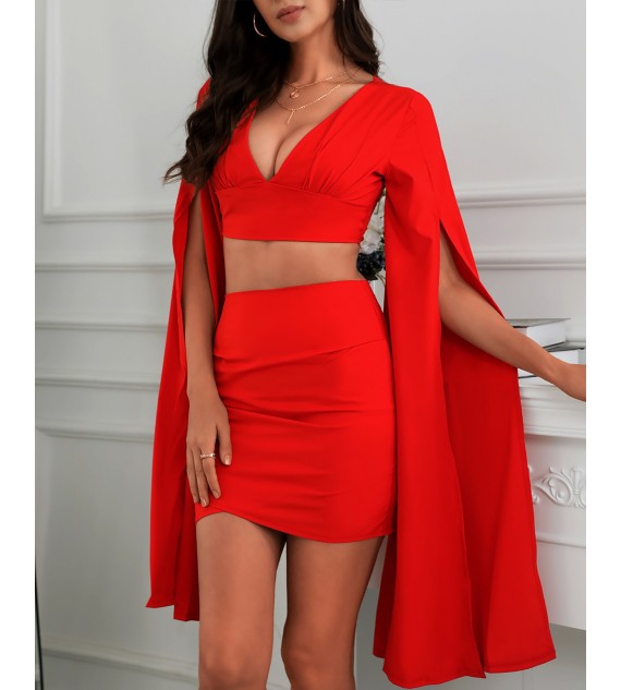 Plain Cape Sleeve Plunge Crop Top & Ruched Skirt Set