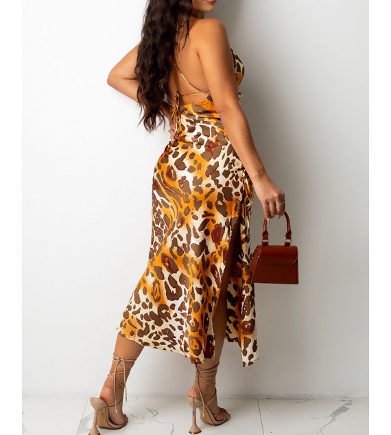 Leopard Print Crisscross Tie Back Split Thigh Cami Dress