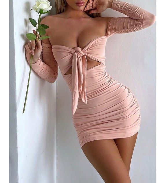 Solid Off Shoulder Knot Front Cut-Out Mini Dress