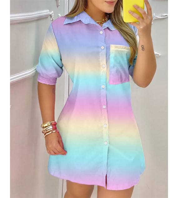 Color Pocket Design Buttoned Shirt Dress