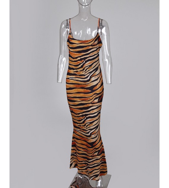 Tiger Print Square Neck Spaghetti Strap Maxi Dress