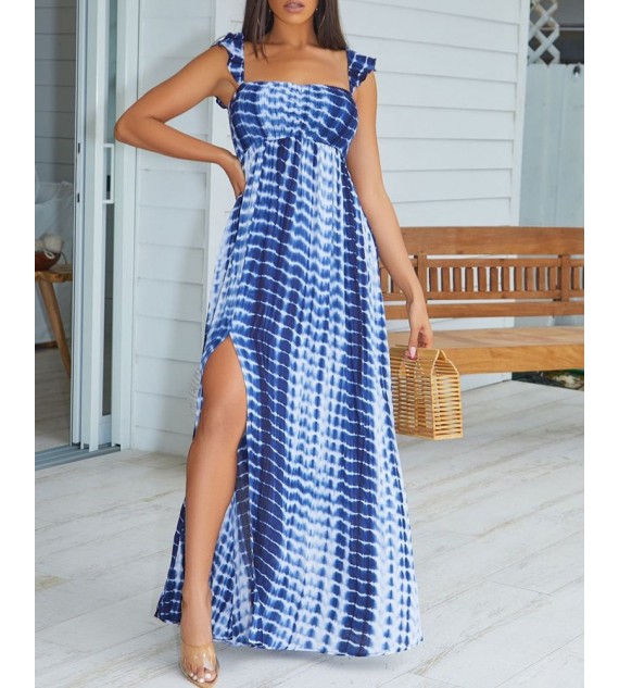 Tie Dye Print High Slit Ruffles Maxi Dress