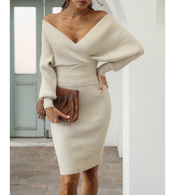 V Neck Backless Batwing Sleeve Knit Top & Skirt Set
