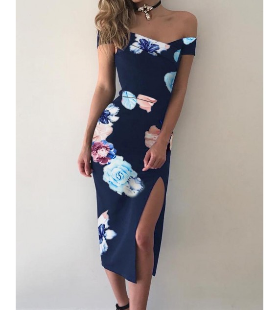 Off Shoulder Floral Side Split Midi Women Dress